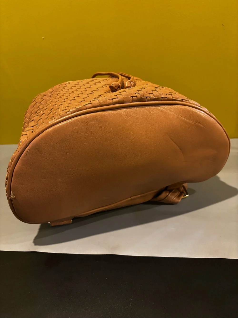 Woven Drawstring Bucket Bag in Tan